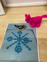 Helen was pleased with her blockwork embroidery, a felted bluetit and the cat/dog